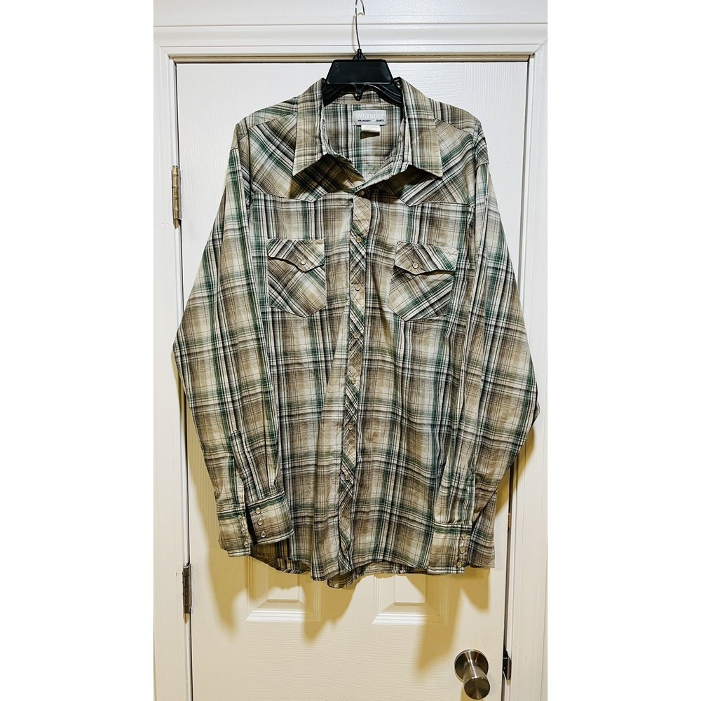 Wrangler Wrancher Pearl Snap Shirt Men Size 2XL Tall Green & Brown Plaid Western